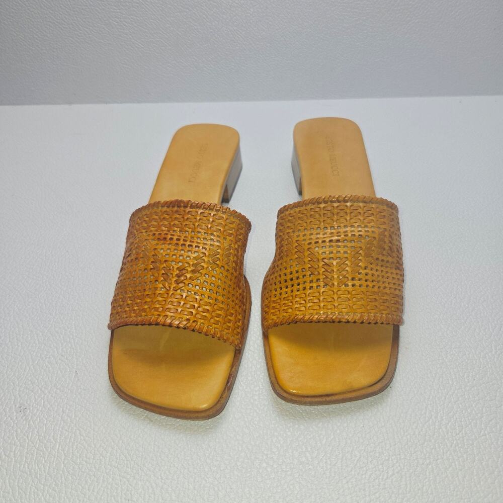 Sesto Meucci Sandals 7.5 Narrow Brown Leather Slide Woven Block Heel Italy